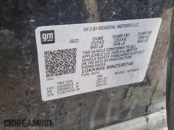 2022 GMC Acadia SLE z VIN 1GKKNRL46NZ100740, wystawiony jako Copart lot #84398654 z przebiegiem 62 187 mil mil oraz Szkoda całkowita • Salvage title. Historia ofert i sprzedaży dostępna na DreamBid. Obrazek 16.
