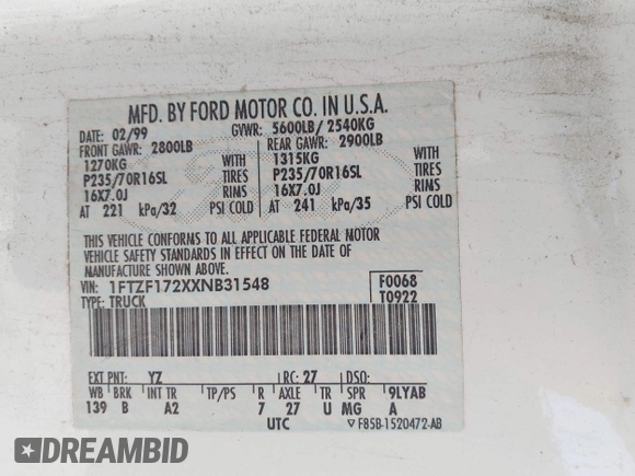1999 Ford F-150 with VIN 1FTZF172XXNB31548, listed as a IAAI auction lot 42566104 with Not provided miles and . Bid and sale history available at DreamBid. Image 9.