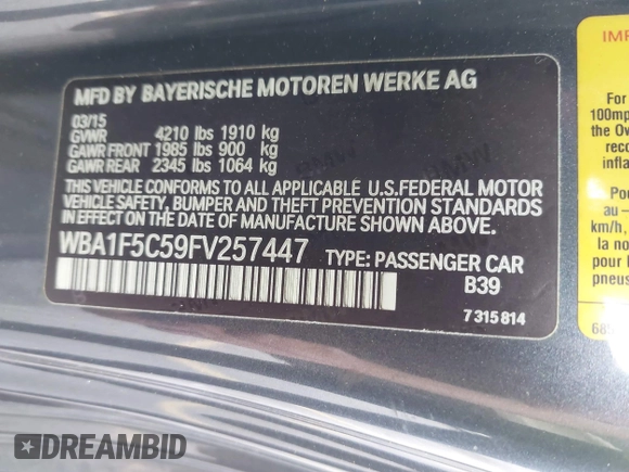 2015 BMW 2 Series 228i with VIN WBA1F5C59FV257447, listed as a IAAI auction lot 41706206 with 119,086 mi miles. Bid and sale history available at carsss.com. Image 9.