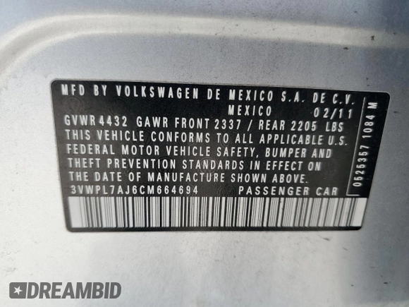 2012 Volkswagen Jetta TDI w/Sunroof & Nav with VIN 3VWPL7AJ6CM664694, listed as a Copart auction lot 83121624 with 142,382 mi miles and Clean title. Bid and sale history available at DreamBid. Image 12.