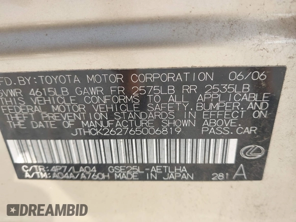 2006 Lexus IS 250 with VIN JTHCK262765006819, listed as a IAAI auction lot 42408122 with 174,234 mi miles and . Bid and sale history available at DreamBid. Image 9.