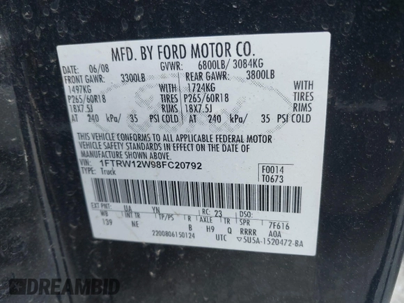 2008 Ford F-150 XL with VIN 1FTRW12W98FC20792, listed as a IAAI auction lot 41799851 with 231,098 mi miles. Bid and sale history available at carsss.com. Image 9.