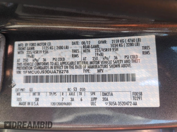2013 Ford Escape Titanium with VIN 1FMCU0J93DUA78278, listed as a Copart auction lot 63519845 with 141,874 mi miles and Salvage title. Bid and sale history available at DreamBid. Image 13.
