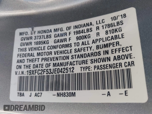 2018 Honda Civic Sedan LX with VIN 19XFC2F53JE042512, listed as a IAAI auction lot 42047847 with 89,505 mi miles. Bid and sale history available at carsss.com. Image 9.