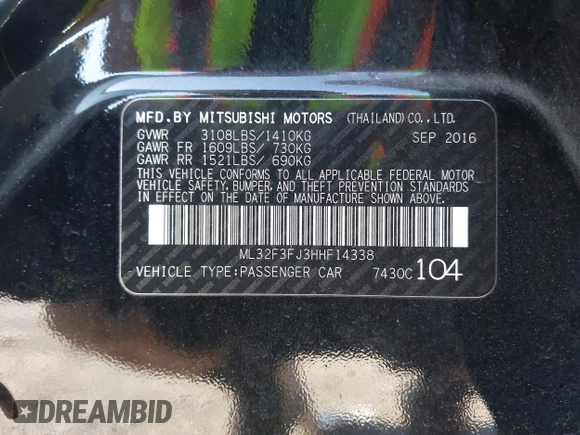 2017 Mitsubishi Mirage ES with VIN ML32F3FJ3HHF14338, listed as a IAAI auction lot 42592543 with 51,075 mi miles and . Bid and sale history available at DreamBid. Image 9.