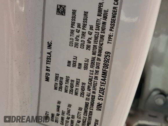 2021 Tesla Model 3 Standard Range Plus with VIN 5YJ3E1EA4MF089259, listed as a Copart auction lot 75398924 with 32,166 mi miles and Salvage Title. Bid and sale history available at DreamBid. Image 12.