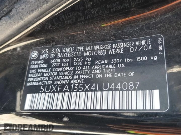2004 BMW X5 3.0i with VIN 5UXFA135X4LU44087, listed as a Copart auction lot 78683484 with 184,510 mi miles and Salvage Title. Bid and sale history available at carsss.com. Image 15.