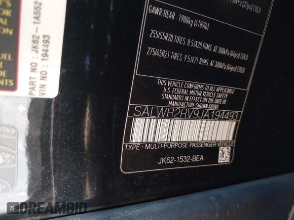 2018 Land Rover Range Rover Sport HSE with VIN SALWR2RV9JA194493, listed as a IAAI auction lot 41372676 with 64,072 mi miles. Bid and sale history available at carsss.com. Image 9.