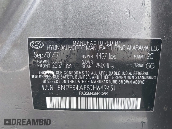 2018 Hyundai Sonata SEL with VIN 5NPE34AF5JH649451, listed as a IAAI auction lot 42094442 with 33,954 mi miles and . Bid and sale history available at DreamBid. Image 9.