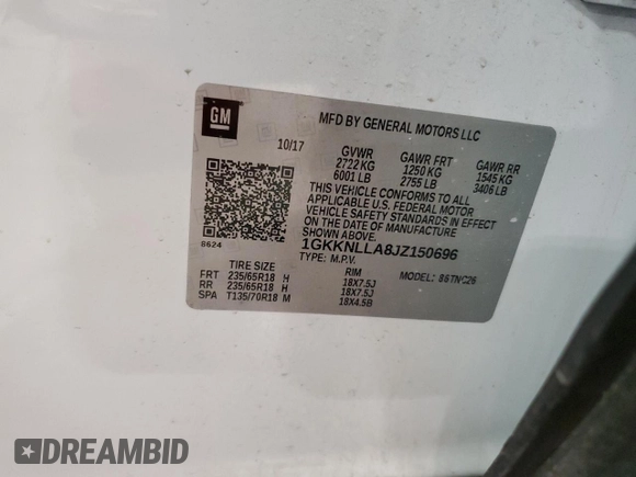 2018 GMC Acadia SLE with VIN 1GKKNLLA8JZ150696, listed as a Copart auction lot 87784915 with 118,550 mi miles and Salvage Title. Bid and sale history available at DreamBid. Image 12.