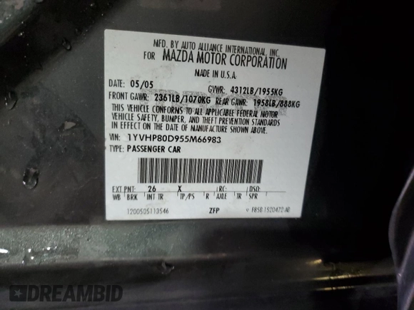 2005 Mazda 6 Sport S with VIN 1YVHP80D955M66983, listed as a Copart auction lot 46175065 with 182,039 mi miles and Salvage Title. Bid and sale history available at DreamBid. Image 12.
