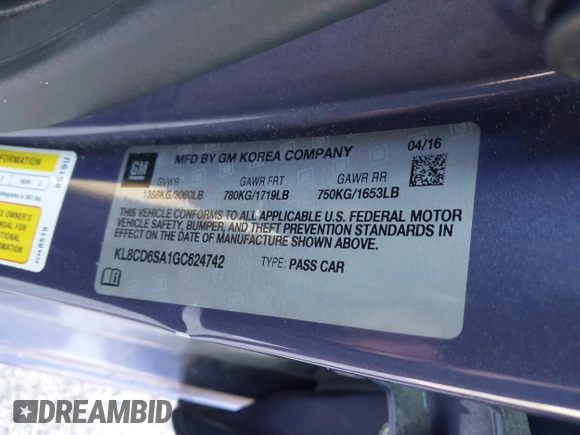 2016 Chevrolet Spark LT with VIN KL8CD6SA1GC624742, listed as a IAAI auction lot 41995606 with 172,947 mi miles and . Bid and sale history available at DreamBid. Image 9.
