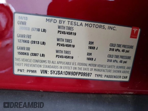 2013 Tesla Model S with VIN 5YJSA1DN9DFP09597, listed as a Copart auction lot 60174125 with 138,668 mi miles and Clean title. Bid and sale history available at DreamBid. Image 12.