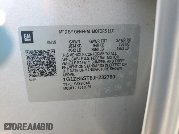 2018 Chevrolet Malibu LS with VIN 1G1ZB5ST8JF232780, listed as a Copart auction lot 52807815 with 86,922 mi miles and Salvage Title. Bid and sale history available at DreamBid. Image 12.