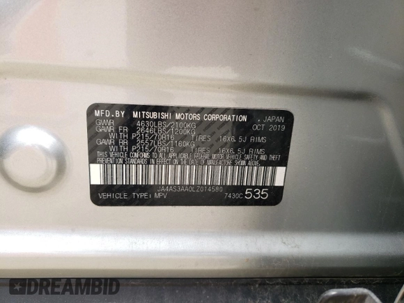 2020 Mitsubishi Eclipse Cross ES z VIN JA4AS3AA0LZ014580, wystawiony jako Copart lot #57569465 z przebiegiem 74 953 mil mil oraz Szkoda całkowita • Salvage title. Historia ofert i sprzedaży dostępna na DreamBid. Obrazek 13.