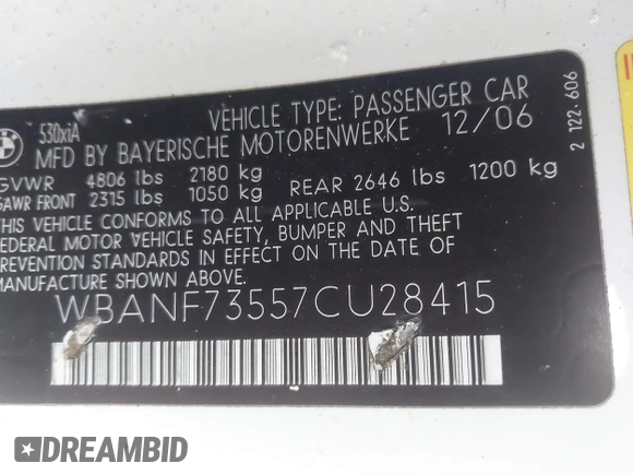 2007 BMW 5 Series 530xi with VIN WBANF73557CU28415, listed as a IAAI auction lot 41625567 with 191,140 mi miles and . Bid and sale history available at carsss.com. Image 9.