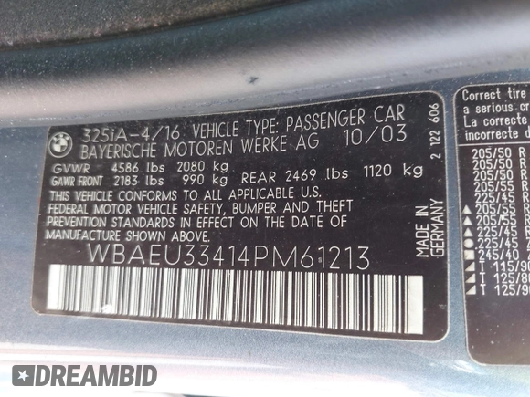 2004 BMW 3 Series 325xi with VIN WBAEU33414PM61213, listed as a IAAI auction lot 42201782 with 138,327 mi miles and . Bid and sale history available at carsss.com. Image 9.