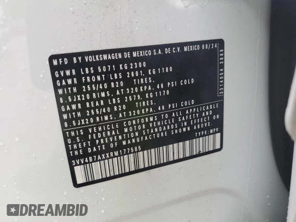 2024 Volkswagen Tiguan SEL R-Line с VIN 3VV4B7AXXRM177585, выставлен на аукционе Copart как лот 56230755 с пробегом 4 259 миль миль и Списание • Salvage title. История ставок и продаж доступна на DreamBid. Изображение 14.