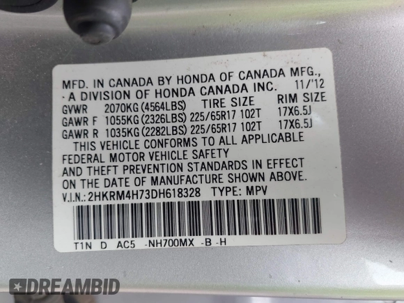 2013 Honda CR-V EX-L with VIN 2HKRM4H73DH618328, listed as a IAAI auction lot 42647497 with 200,667 mi miles and . Bid and sale history available at DreamBid. Image 9.
