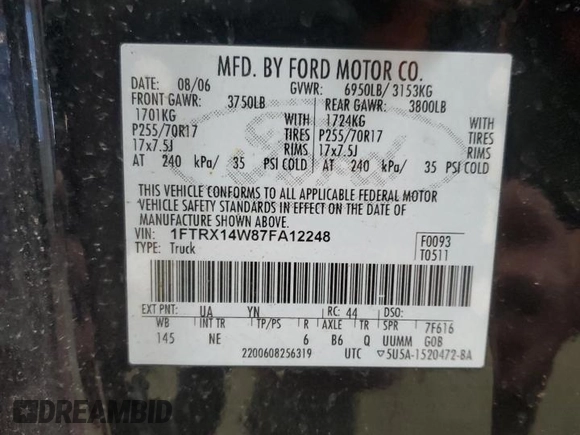 2007 Ford F-150 STX with VIN 1FTRX14W87FA12248, listed as a Copart auction lot 53097145 with 158,583 mi miles and Salvage Title. Bid and sale history available at carsss.com. Image 14.