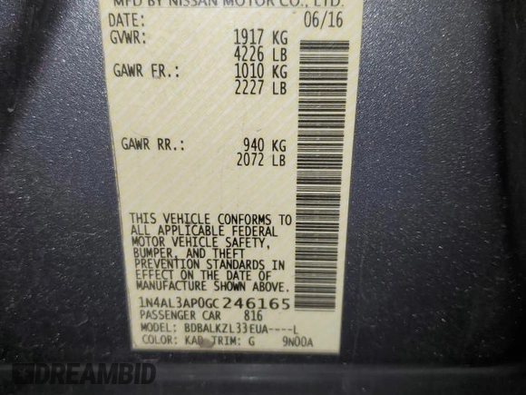 2016 Nissan Altima SV with VIN 1N4AL3AP0GC246165, listed as a Copart auction lot 52843405 with 106,396 mi miles and Salvage title. Bid and sale history available at DreamBid. Image 12.