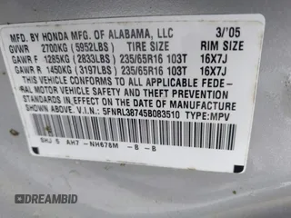 2005 Honda Odyssey EX-L with VIN 5FNRL38745B083510, listed as a IAAI auction lot 42534287 with 304,298 mi miles and . Bid and sale history available at DreamBid. Image 9.