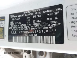 2015 Kia Optima SX Turbo with VIN 5XXGR4A65FG380362, listed as a IAAI auction lot 41443086 with 184,052 mi miles. Bid and sale history available at carsss.com. Image 9.