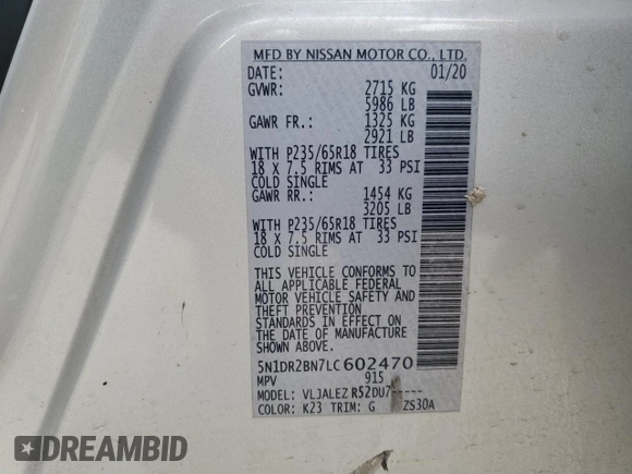 2020 Nissan Pathfinder SV with VIN 5N1DR2BN7LC602470, listed as a Copart auction lot 46803775 with 82,313 mi miles and Salvage Title. Bid and sale history available at carsss.com. Image 15.