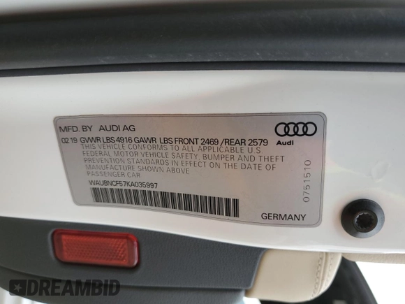 2019 Audi A5 Sportback Premium Plus with VIN WAUBNCF57KA035997, listed as a Copart auction lot 54532465 with 66,353 mi miles and Salvage Title. Bid and sale history available at carsss.com. Image 13.
