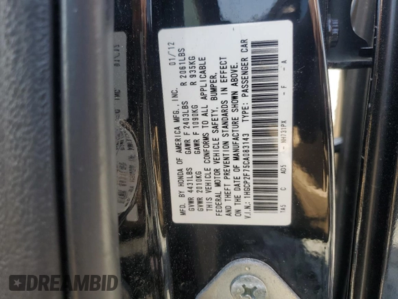 2012 Honda Accord EX with VIN 1HGCP2F75CA083143, listed as a Copart auction lot 53894895 with 167,207 mi miles and Salvage title. Bid and sale history available at DreamBid. Image 13.