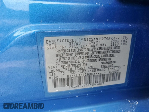 2020 Nissan Sentra SV with VIN 3N1AB8CV1LY241809, listed as a Copart auction lot 46157885 with 39,418 mi miles and Salvage Title. Bid and sale history available at carsss.com. Image 15.