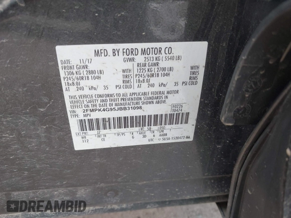 2018 Ford Edge SE with VIN 2FMPK4G95JBB31098, listed as a IAAI auction lot 42064361 with 137,856 mi miles and . Bid and sale history available at DreamBid. Image 9.
