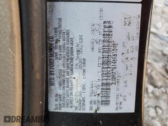2006 Lincoln Zephyr z VIN 3LNHM26146R650487, wystawiony jako Copart lot #48963635 z przebiegiem 288 322 mil mil oraz Szkoda całkowita • Salvage title. Historia ofert i sprzedaży dostępna na DreamBid. Obrazek 14.