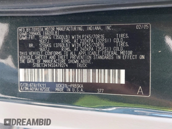 2005 Toyota Tundra SR5 with VIN 5TBET34145S478274, listed as a IAAI auction lot 42409811 with 168,100 mi miles and . Bid and sale history available at DreamBid. Image 9.