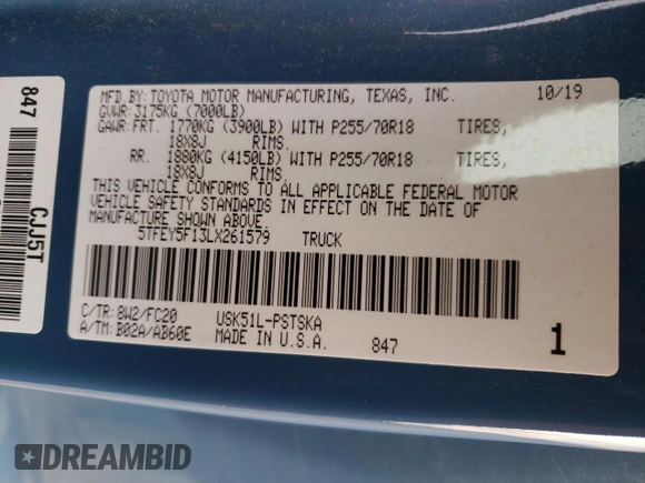 2020 Toyota Tundra 2WD SR5 with VIN 5TFEY5F13LX261579, listed as a Copart auction lot 86322274 with 98,093 mi miles and Salvage Title. Bid and sale history available at carsss.com. Image 12.