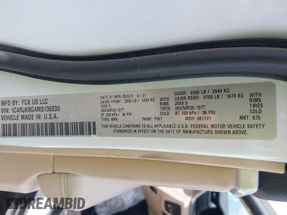 2021 Jeep Grand Cherokee Limited with VIN 1C4RJKBG4M8136830, listed as a IAAI auction lot 42075433 with 41,503 mi miles and . Bid and sale history available at DreamBid. Image 9.