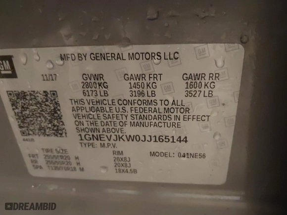 2018 Chevrolet Traverse Premier with VIN 1GNEVJKW0JJ165144, listed as a IAAI auction lot 41129951 with 137,593 mi miles. Bid and sale history available at carsss.com. Image 9.