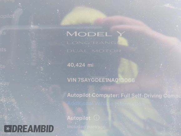 2022 Tesla Model Y Long Range with VIN 7SAYGDEE1NA013066, listed as a IAAI auction lot 41646912 with Not Provided miles and . Bid and sale history available at DreamBid. Image 7.