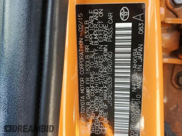 2015 Toyota Prius One with VIN JTDKDTB33F1090740, listed as a Copart auction lot 54125755 with 120,316 mi miles and Salvage Title. Bid and sale history available at carsss.com. Image 12.