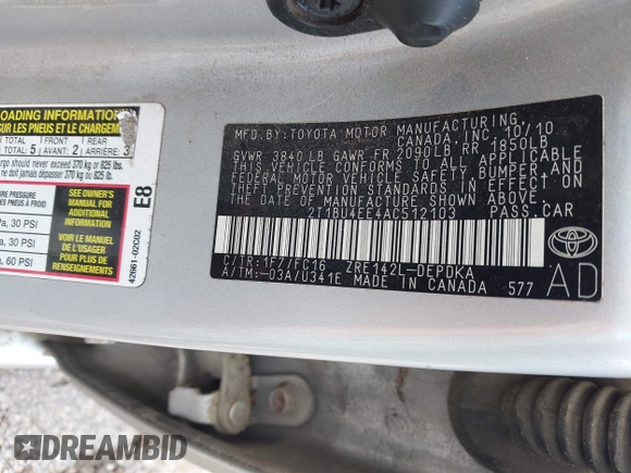 2010 Toyota Corolla with VIN 2T1BU4EE4AC512103, listed as a IAAI auction lot 42184988 with 142,954 mi miles and . Bid and sale history available at DreamBid. Image 9.