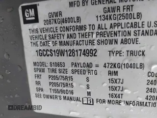 2002 Chevrolet S-10 LS with VIN 1GCCS19W128174992, listed as a IAAI auction lot 41739237 with Not Provided miles. Bid and sale history available at carsss.com. Image 9.
