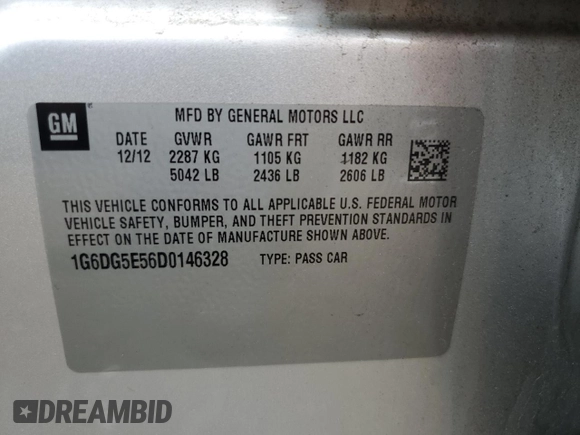 2013 Cadillac CTS Luxury with VIN 1G6DG5E56D0146328, listed as a Copart auction lot 62452385 with 51,874 mi miles and Salvage title. Bid and sale history available at DreamBid. Image 12.