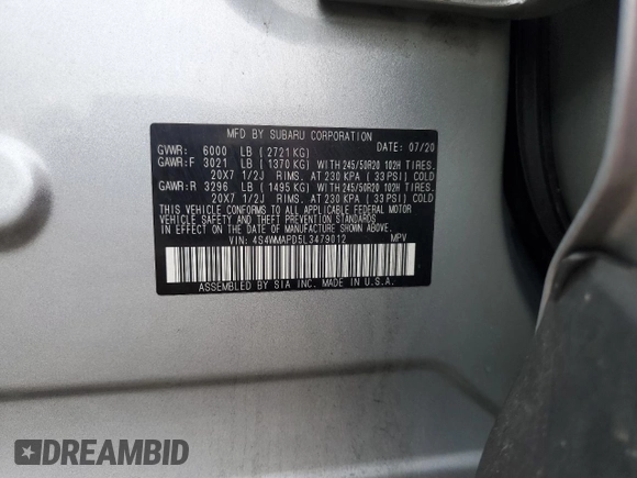 2020 Subaru Ascent Limited with VIN 4S4WMAPD5L3479012, listed as a Copart auction lot 59081255 with 144,020 mi miles and Salvage title. Bid and sale history available at DreamBid. Image 12.