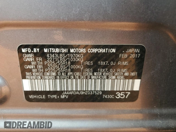 2017 Mitsubishi Outlander ES with VIN JA4AR3AU9HZ037529, listed as a Copart auction lot 56140015 with 127,010 mi miles and Salvage title. Bid and sale history available at DreamBid. Image 13.