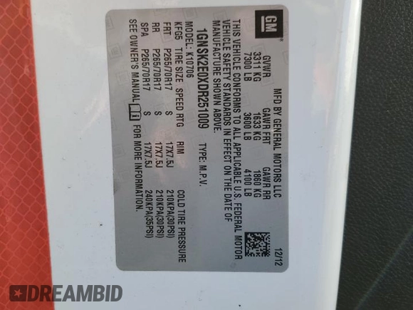 2013 Chevrolet Tahoe Commercial with VIN 1GNSK2E0XDR251009, listed as a Copart auction lot 52881275 with 185,029 mi miles and Non repairable. Bid and sale history available at DreamBid. Image 13.