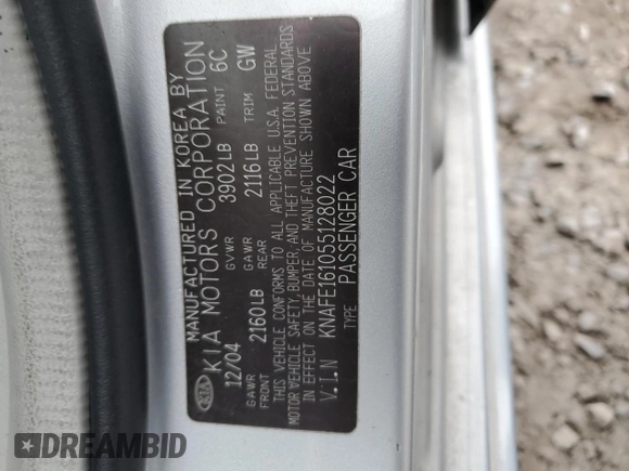 2005 Kia Spectra with VIN KNAFE161055128022, listed as a Copart auction lot 85615204 with 105,444 mi miles and Clean Title. Bid and sale history available at DreamBid. Image 12.