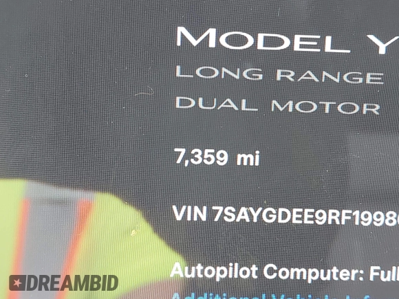 2024 Tesla Model Y Long Range with VIN 7SAYGDEE9RF199805, listed as a IAAI auction lot 42018221 with 7,359 mi miles. Bid and sale history available at carsss.com. Image 16.