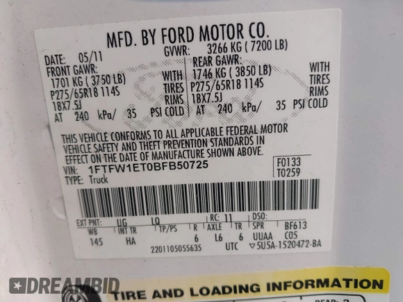 2011 Ford F-150 XLT with VIN 1FTFW1ET0BFB50725, listed as a IAAI auction lot 42430392 with 140,264 mi miles and . Bid and sale history available at DreamBid. Image 9.