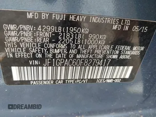 2015 Subaru Impreza Premium with VIN JF1GPAC60F8279417, listed as a IAAI auction lot 42787823 with 69,833 mi miles and . Bid and sale history available at DreamBid. Image 9.