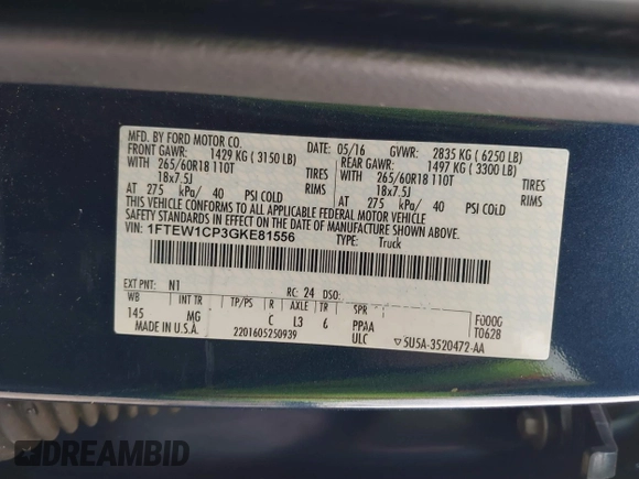 2016 Ford F-150 XL with VIN 1FTEW1CP3GKE81556, listed as a IAAI auction lot 41729080 with 145,506 mi miles and . Bid and sale history available at carsss.com. Image 9.